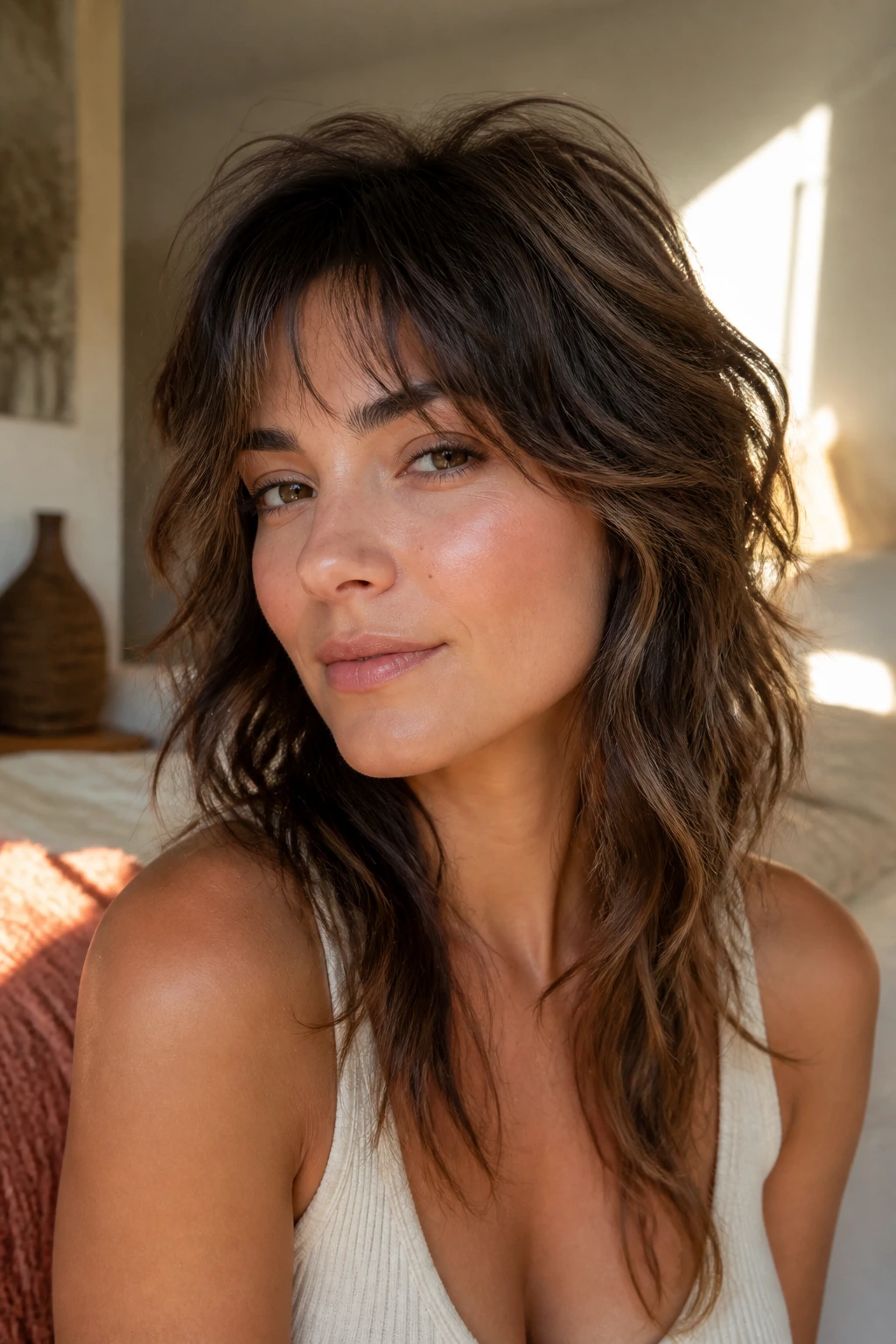 Close-up of a real woman with wispy layered shag and natural waves in warm window light