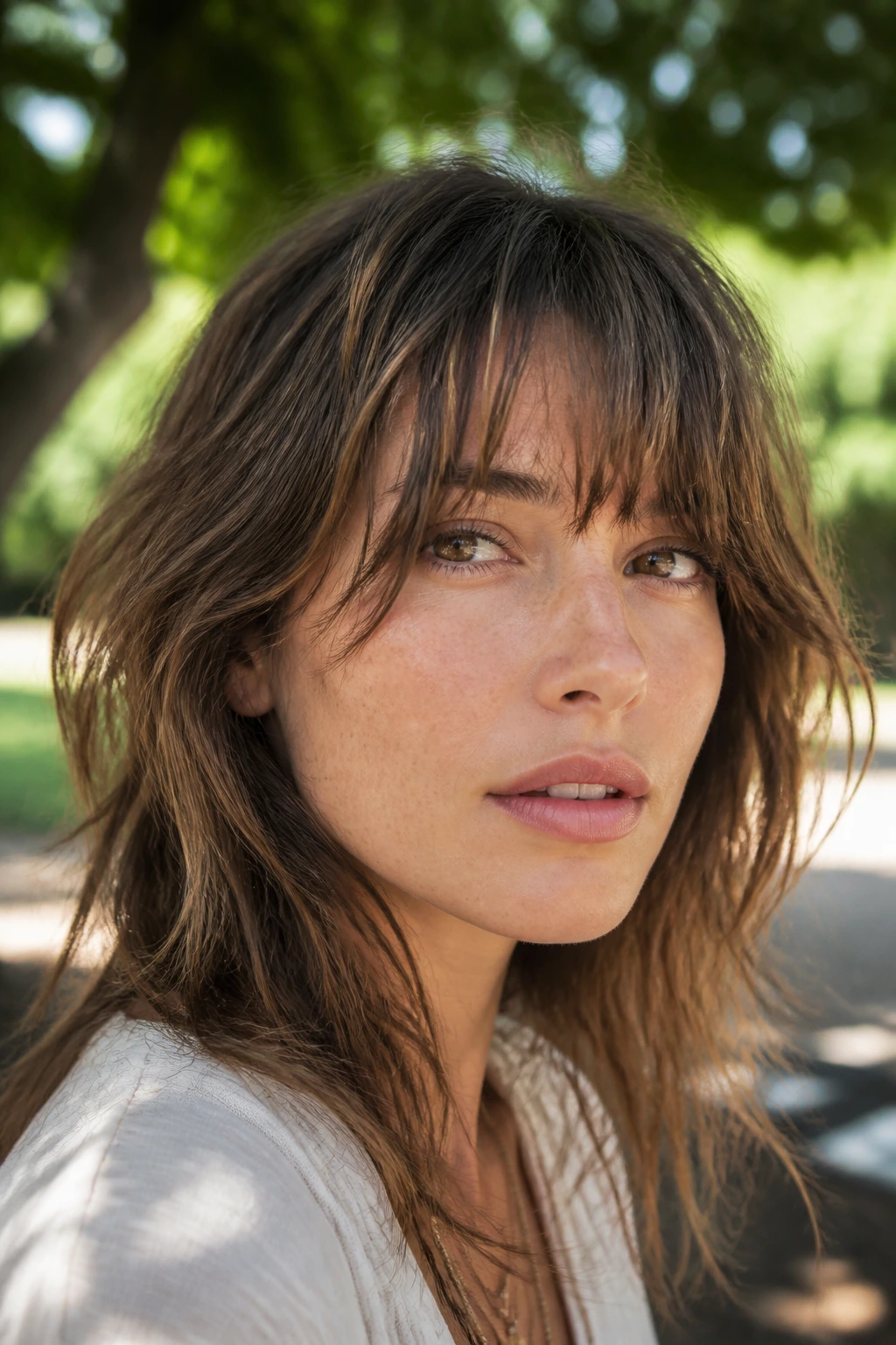 Real woman with wispy shaggy layered fringe in park light