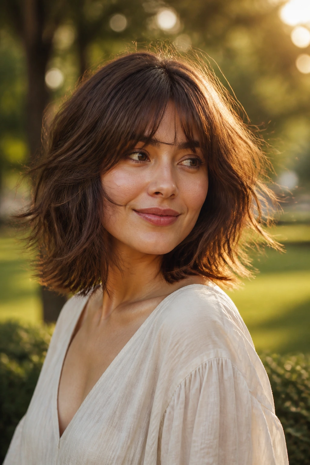 Close-up of a real woman with a wispy shaggy lob in golden hour light