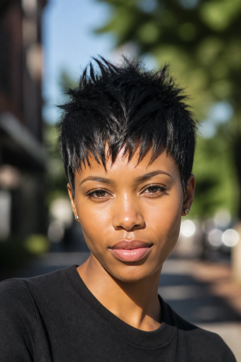Real person with wispy spiked pixie hairstyle outdoors