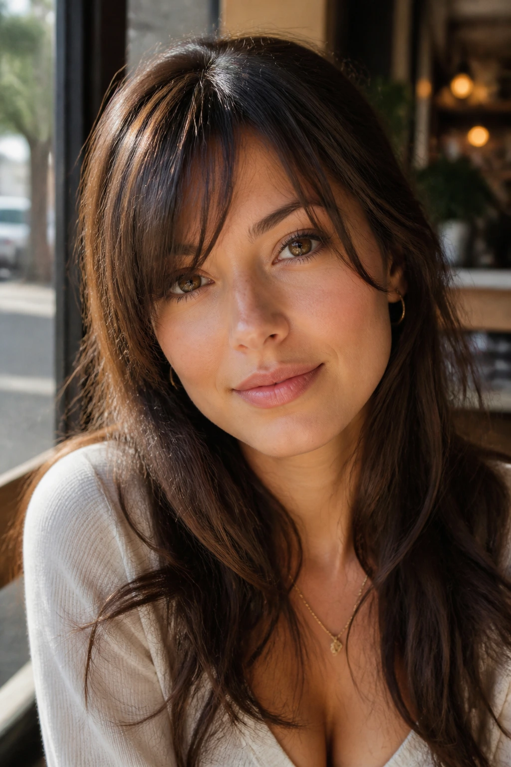 Close-up portrait of a woman with wispy tapered side bangs.