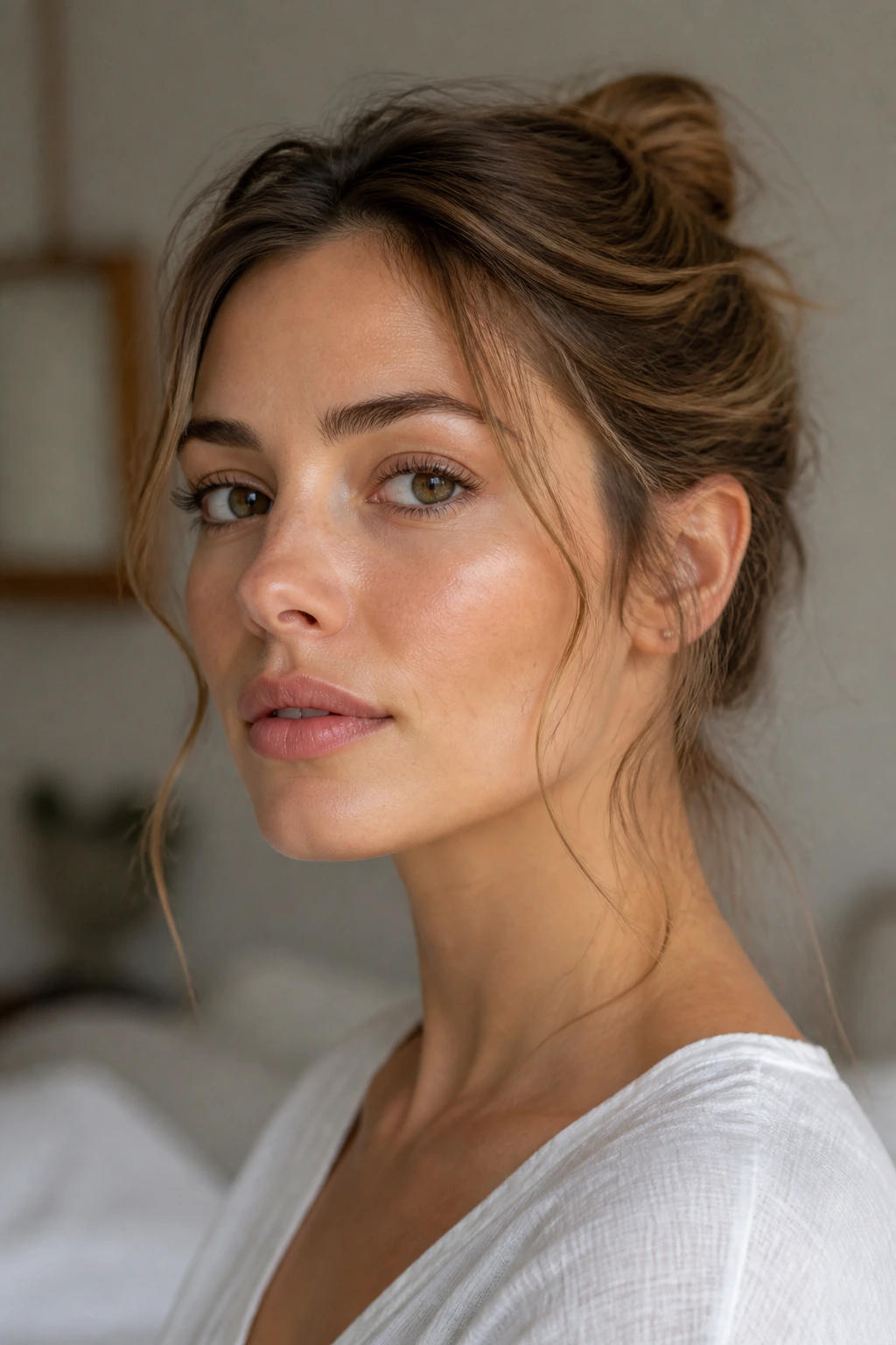 Portrait of a woman with soft wispy tendrils around the sides of the face