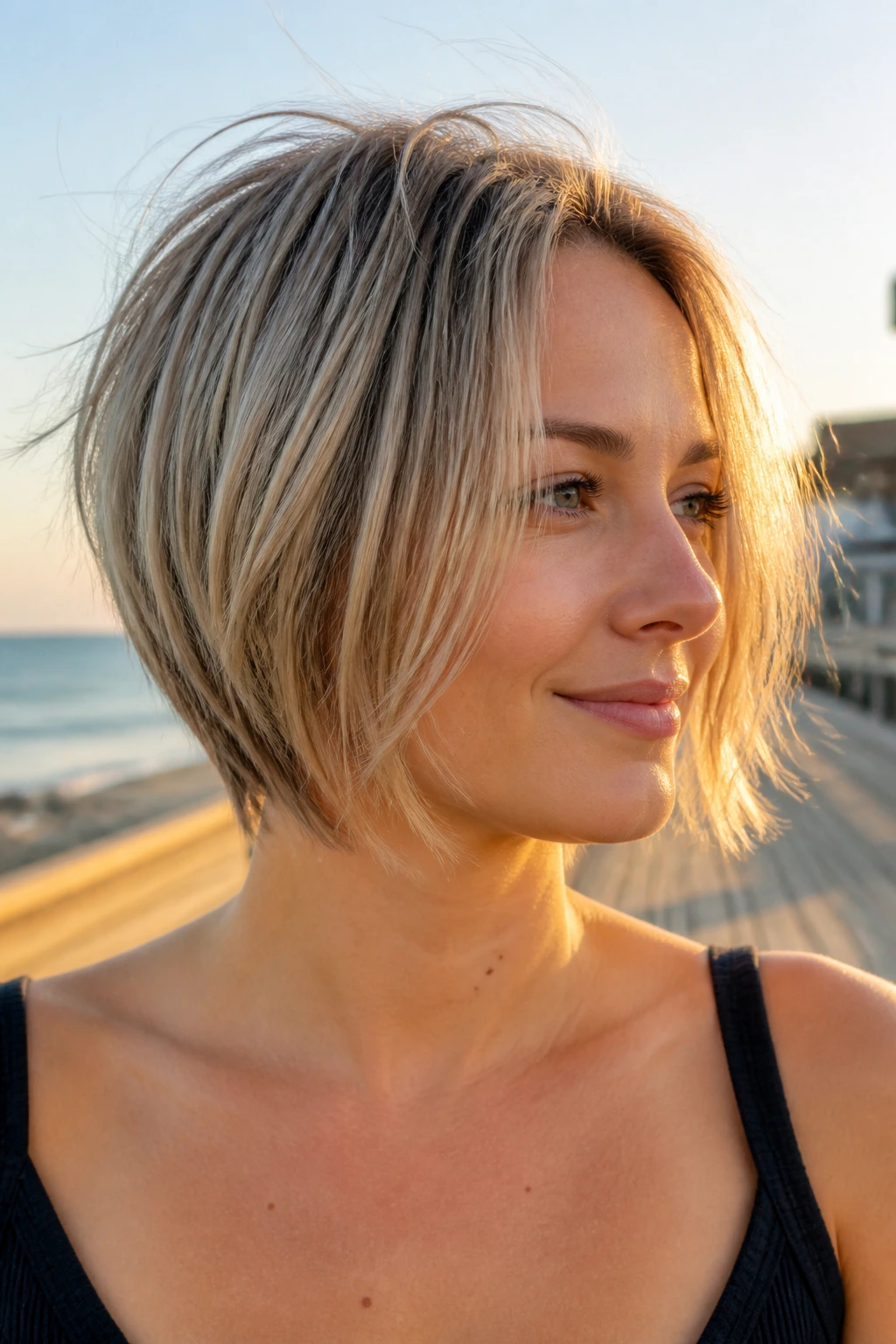 Close-up portrait of a real woman with wispy thin-end A-line hair