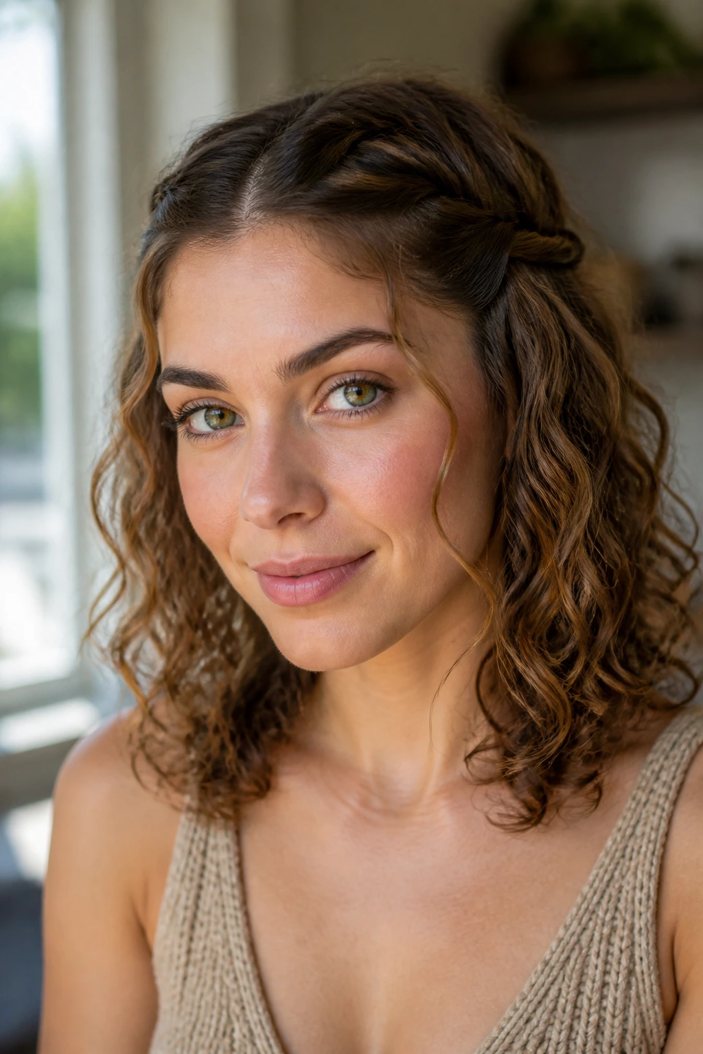 Real woman with wispy face-framing twists at the hairline.