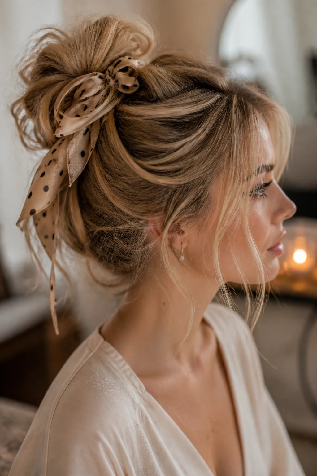 Updo with wispy strands and decorative accessory on a real person.