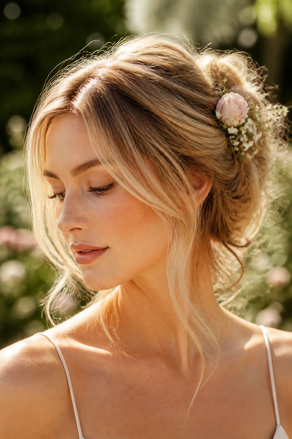 Close-up of a real woman with a wispy updo and floral accessory