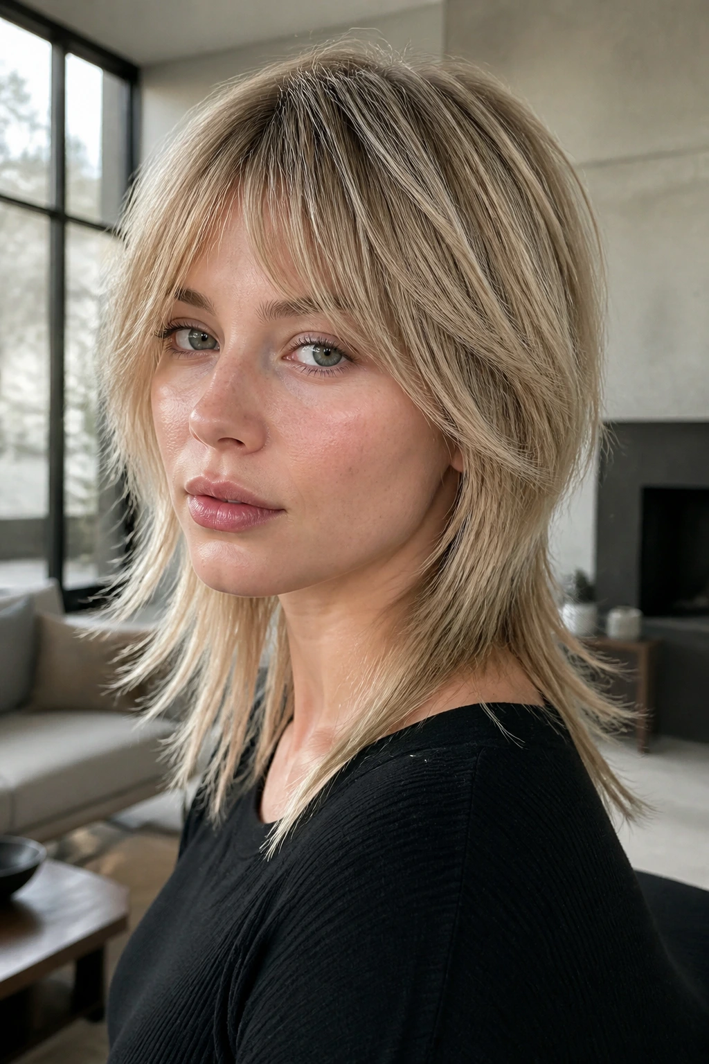 Close-up portrait of a real woman with a wispy wolf cut on fine straight hair