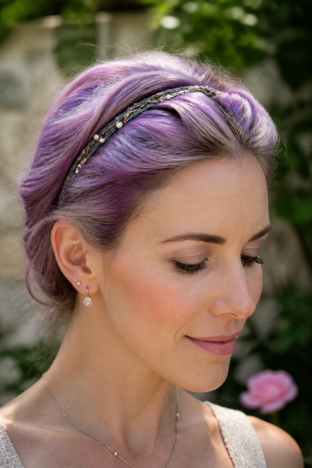 Real person with a wisteria headband tuck hairstyle in garden light