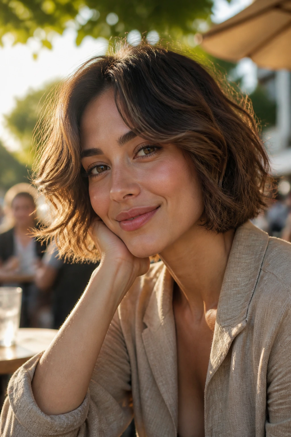 Close-up of real person with deep curtain bangs and wavy bob in a sunlit outdoor setting.