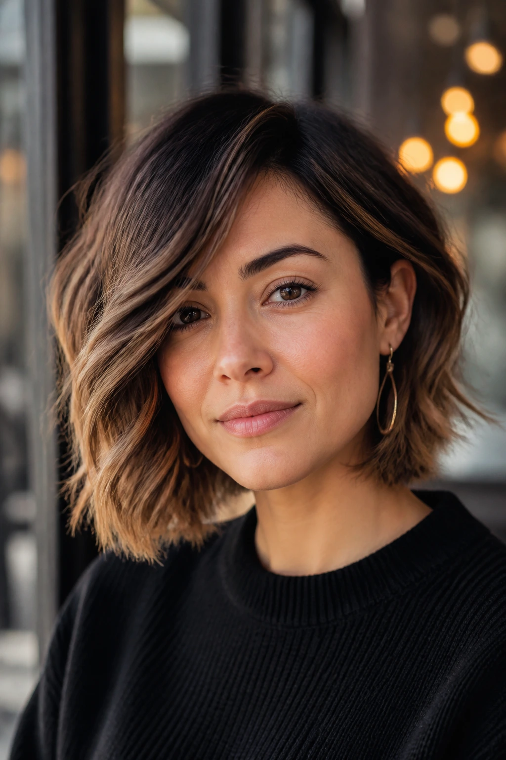 Portrait of a person with a Wob wavy bob and deep side sweep in sunlit setting