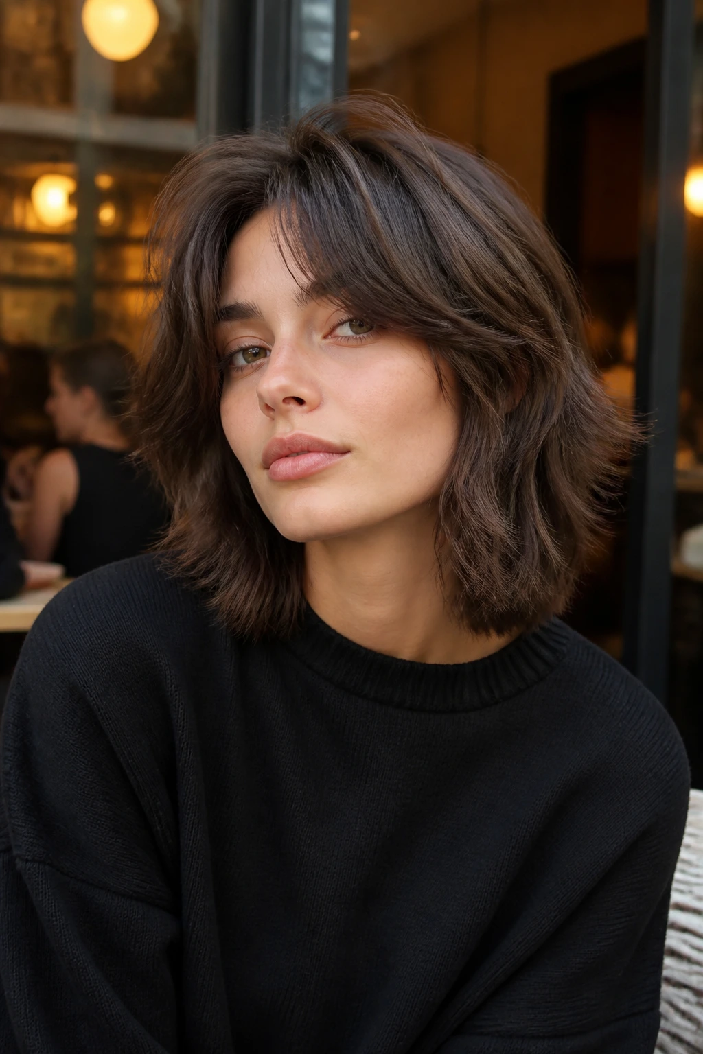Portrait of a woman with a wolf-inspired shoulder-length bob and curtain bangs in an urban street setting.