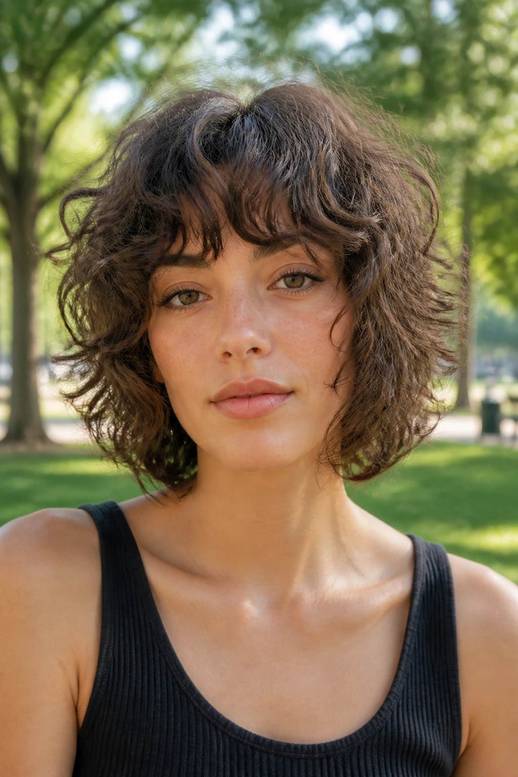 Front-facing portrait of a real person with a wispy-layered Wolf bob in a sunlit park.