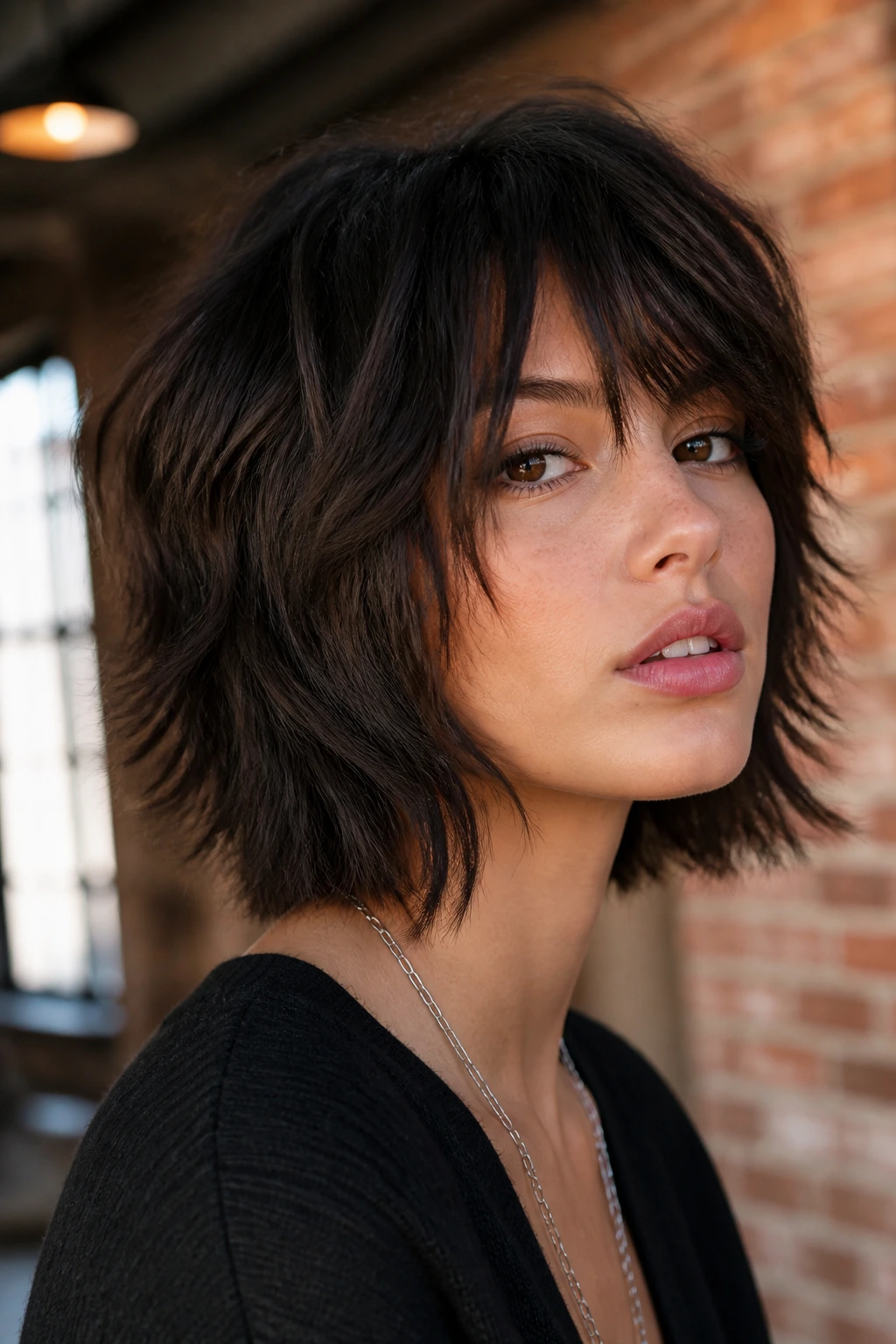 Real woman with shaggy wolf bob in warm loft lighting