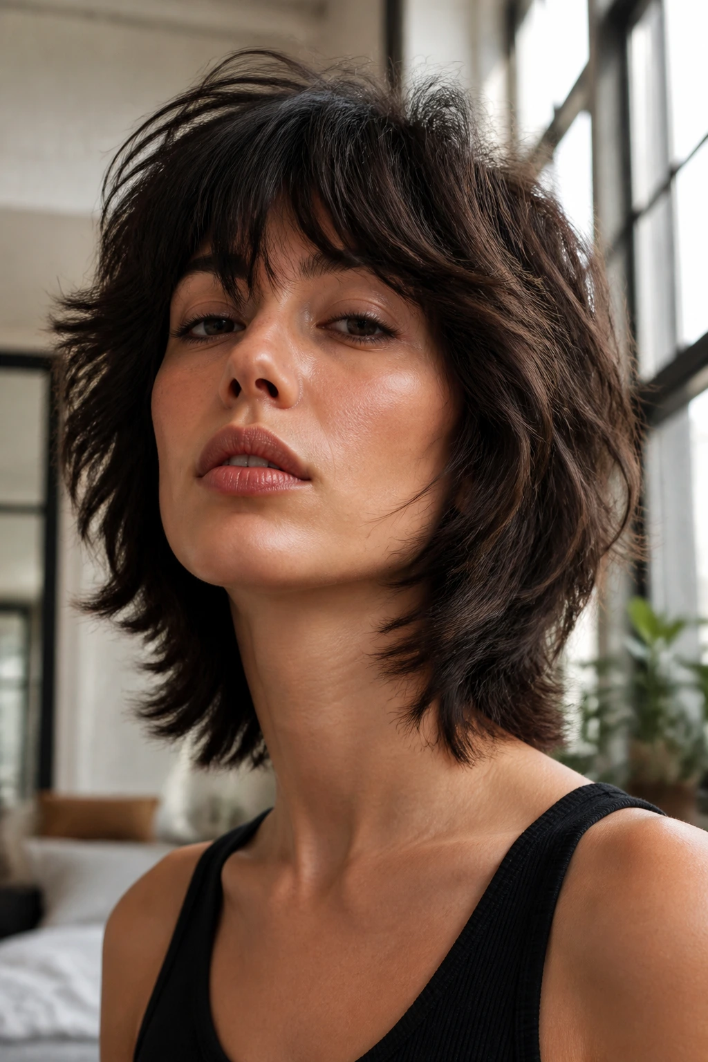 Portrait of a real woman with a voluminous deep-layered wolf bob