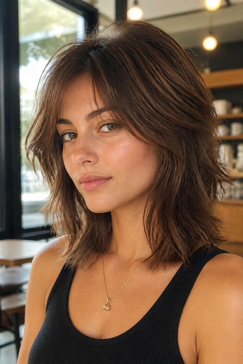 Close-up of a real woman with a shoulder-length wolf cut