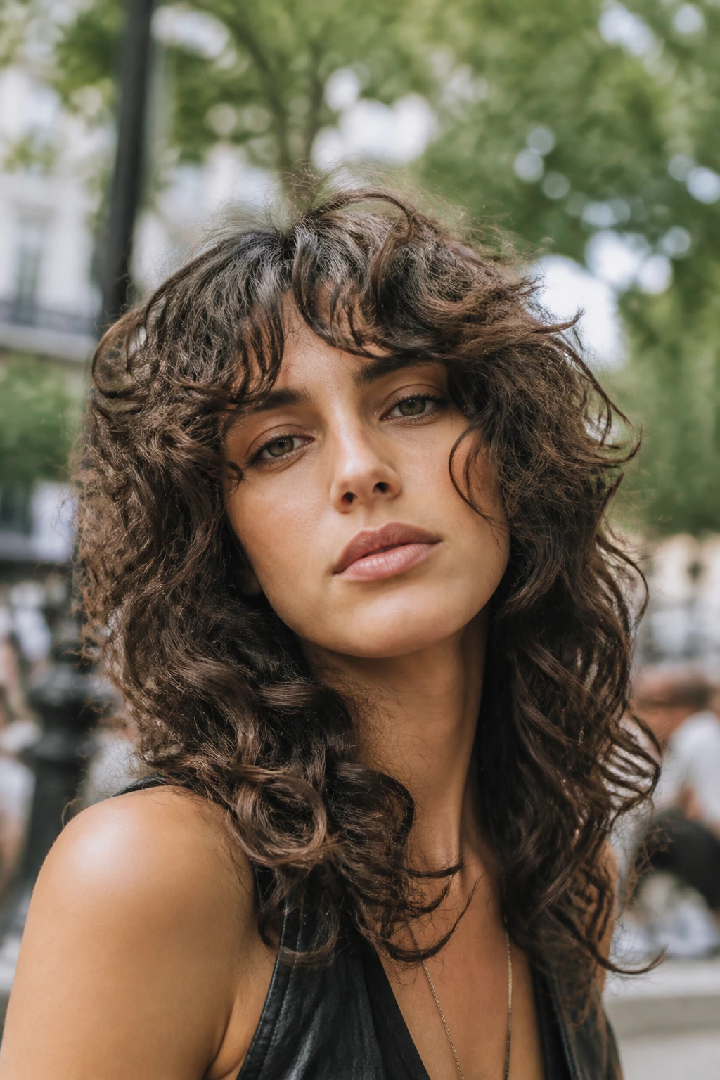 Close-up of a real person with a curly wolf-cut adaptation