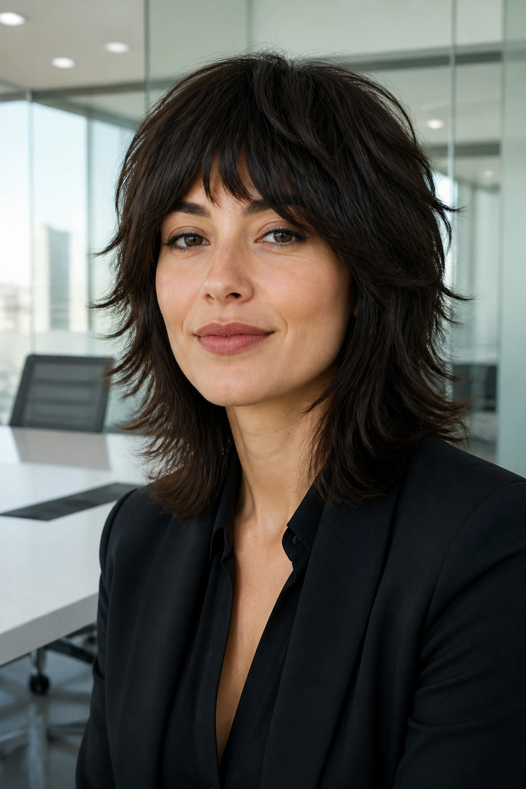 Close-up of a real woman with a choppy wolf cut and polished blowout in a bright office