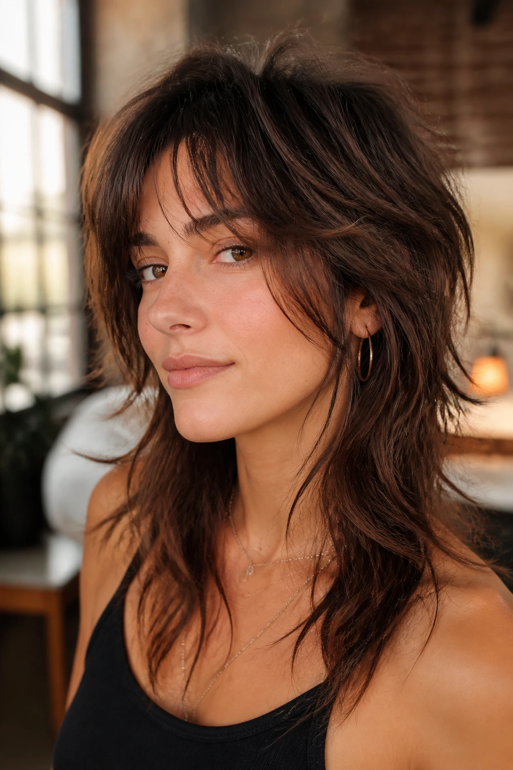 Close-up of a real person with a wolf cut and choppy layers in a cozy loft
