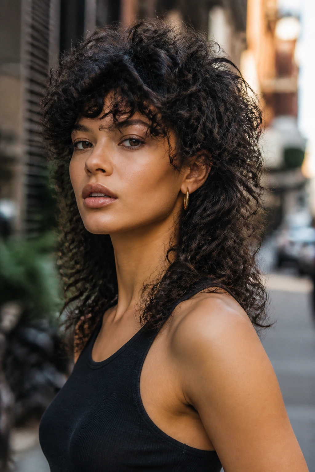 Close-up of a real person with a wolf cut on type 3/4 curls in daylight street scene