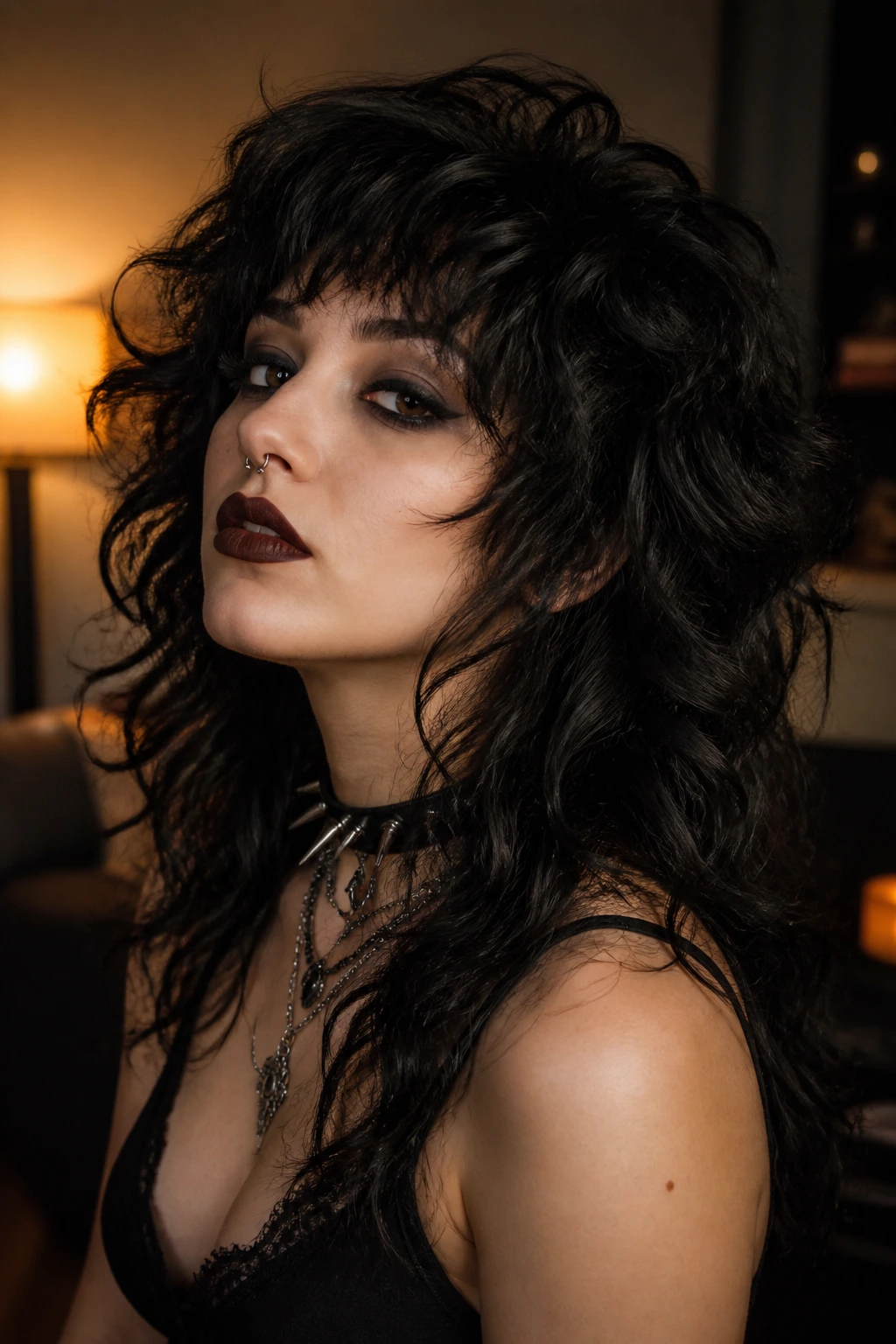 Portrait of a person with a textured wolf-cut on curly hair
