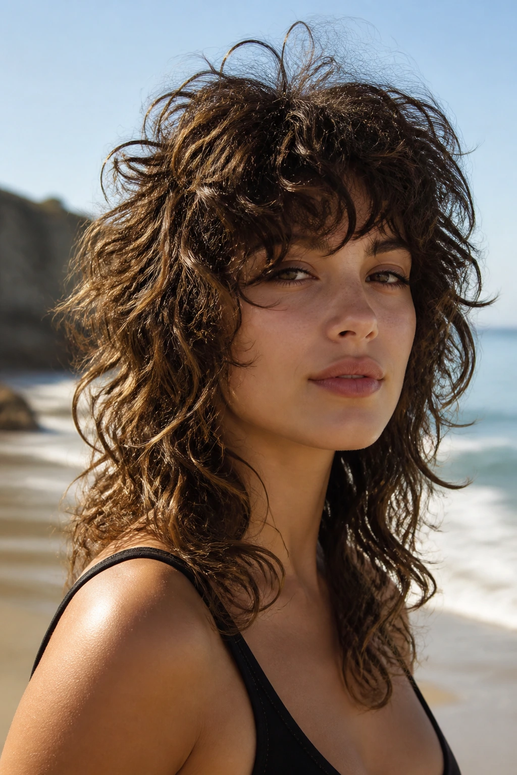 Medium close-up of a real person with layered wolf cut curls