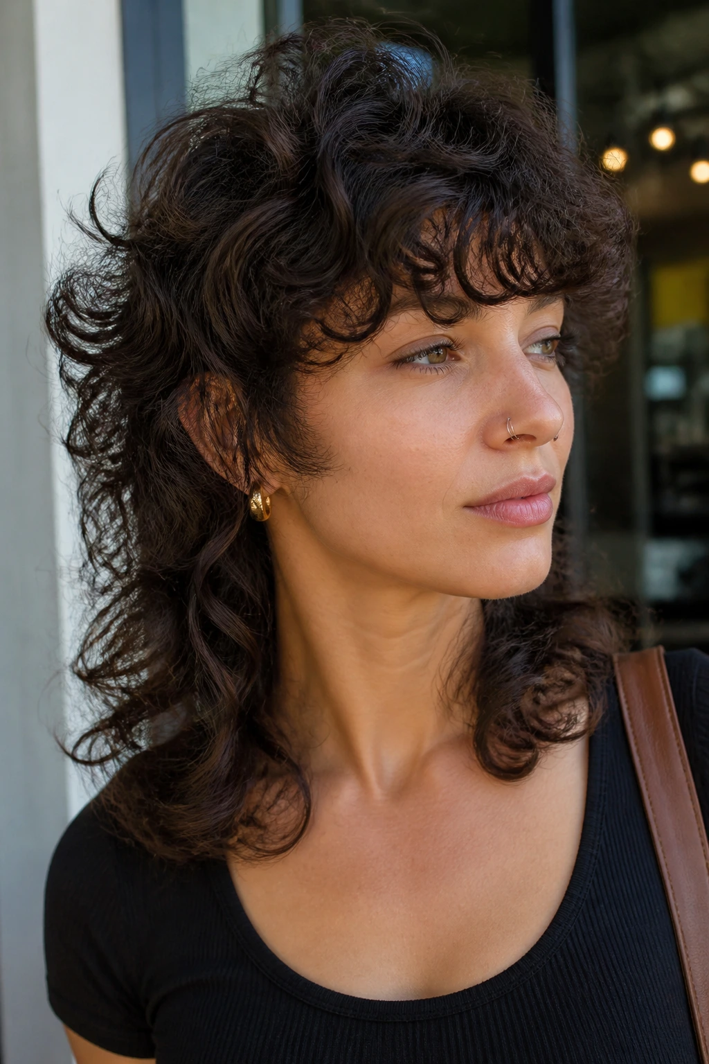 Real woman with modern mullet wolf cut curls shoulder-length