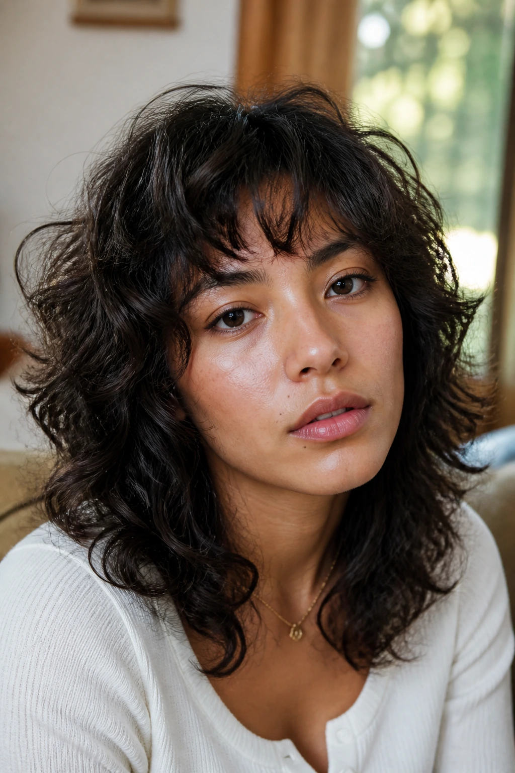 Close-up of a real person with textured wolf cut bangs and curly layers in warm living room light