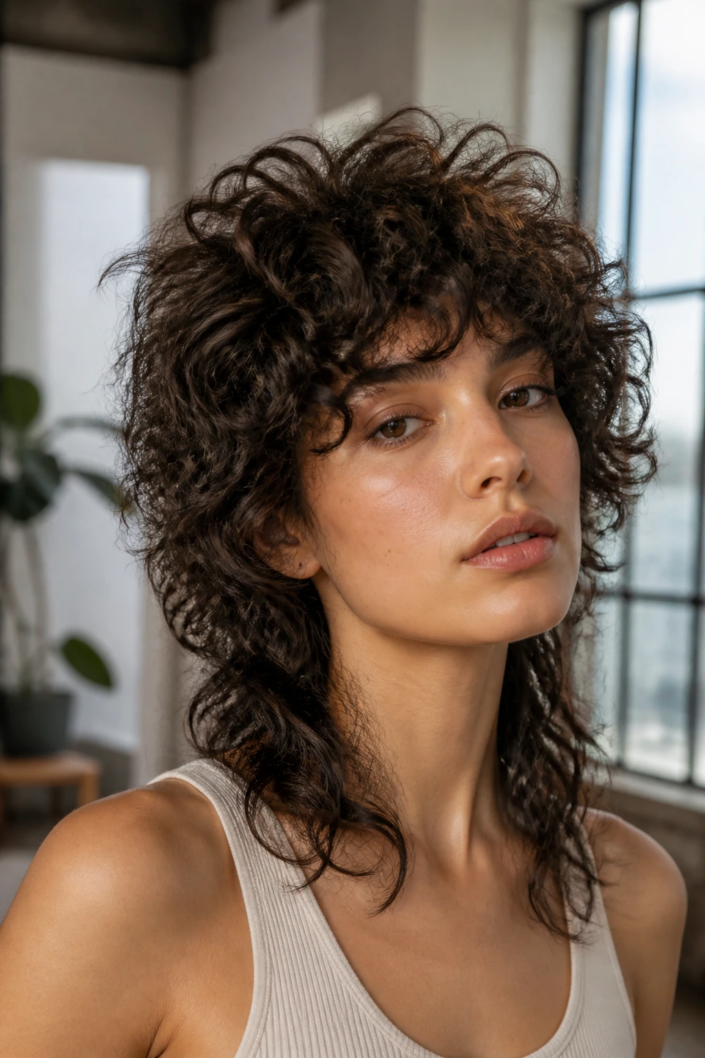 Portrait of woman with curly wolf cut in daylight loft