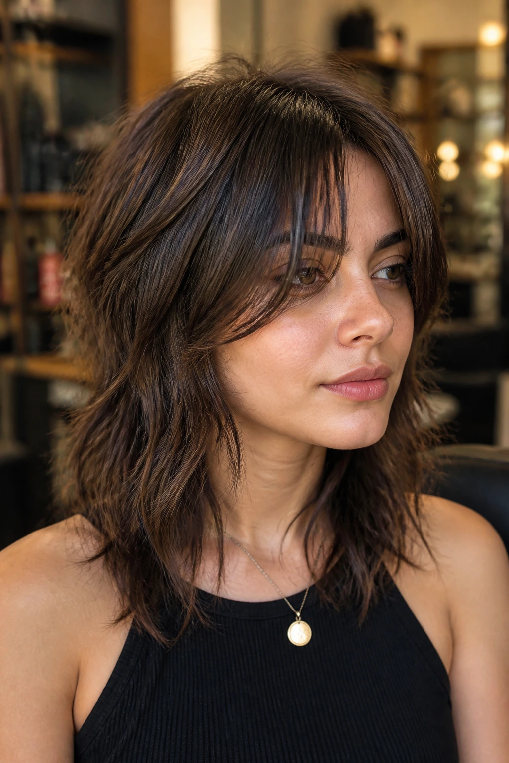 Close-up of a person with a shaggy wolf cut and curtain bangs