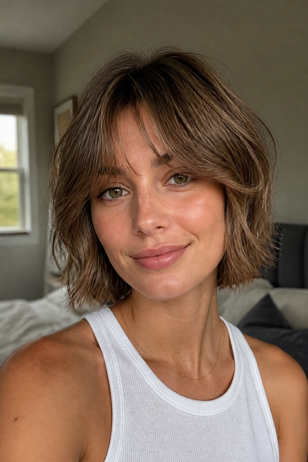 Real woman with wolf cut lite and curtain bangs in natural daylight