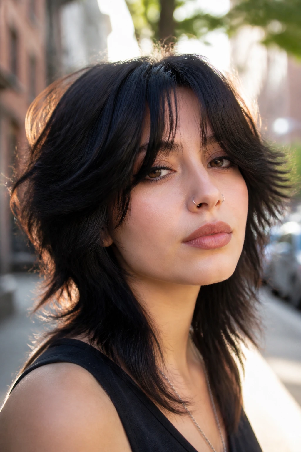 Portrait of a person with wolf cut and curtain bangs in urban morning light