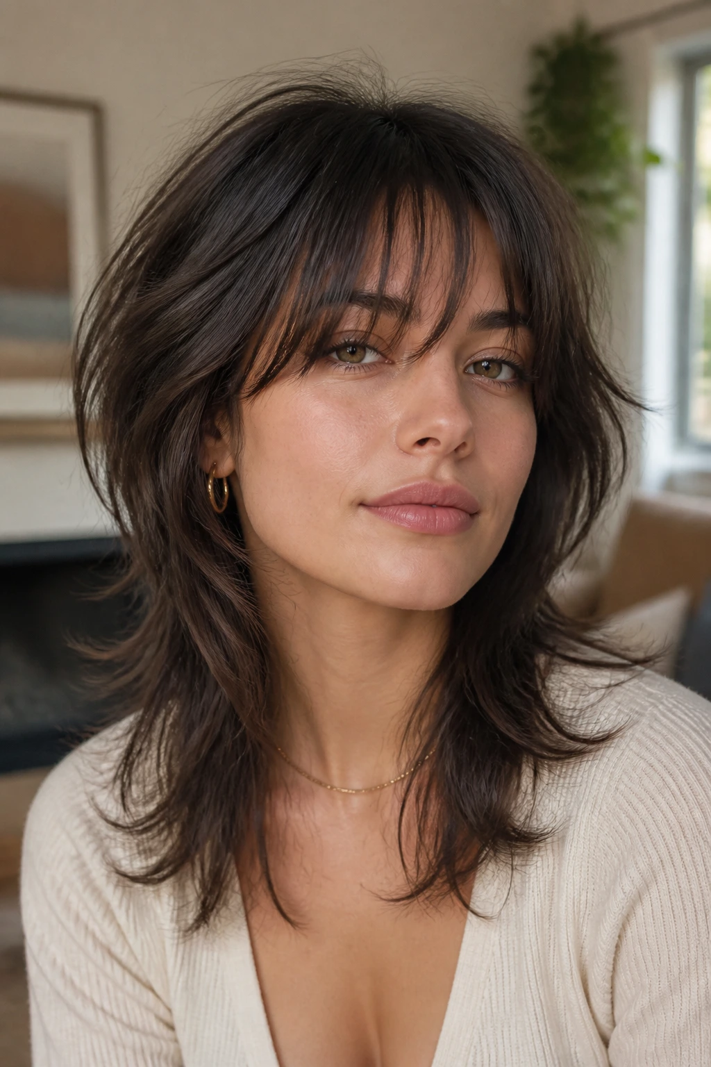 Close-up portrait of a real person with a wolf cut and eye-grazing layers in natural daylight.