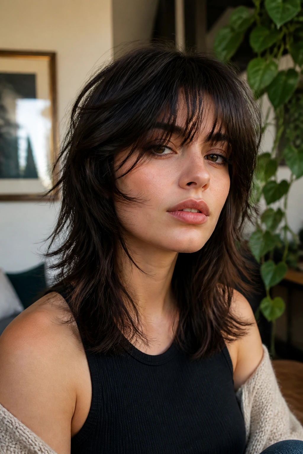 Medium close-up of a real person with shoulder-length wolf cut and airy bangs in daylight home setting