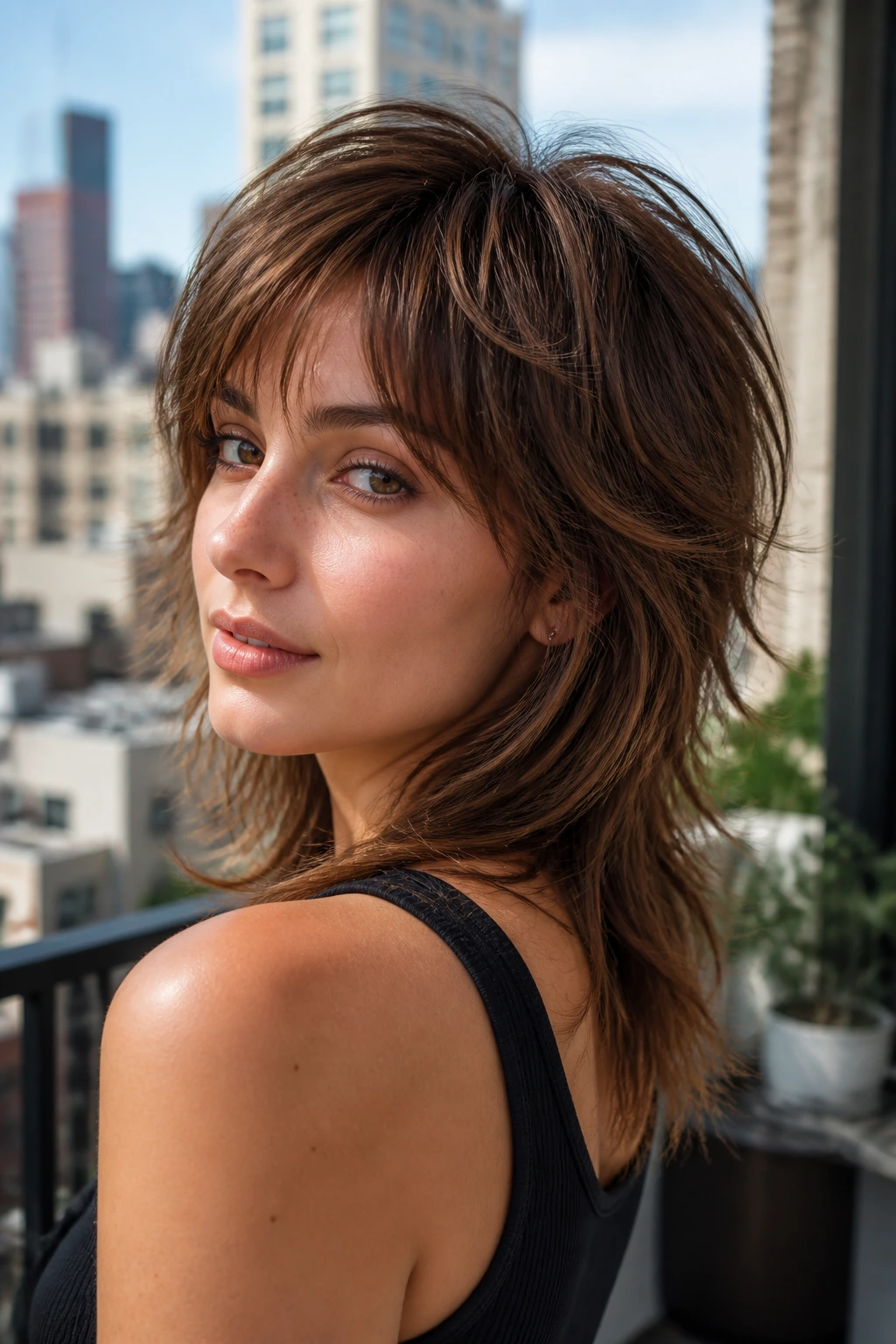 Close-up of a real woman with a shaggy wolf cut showing crown layers and longer back