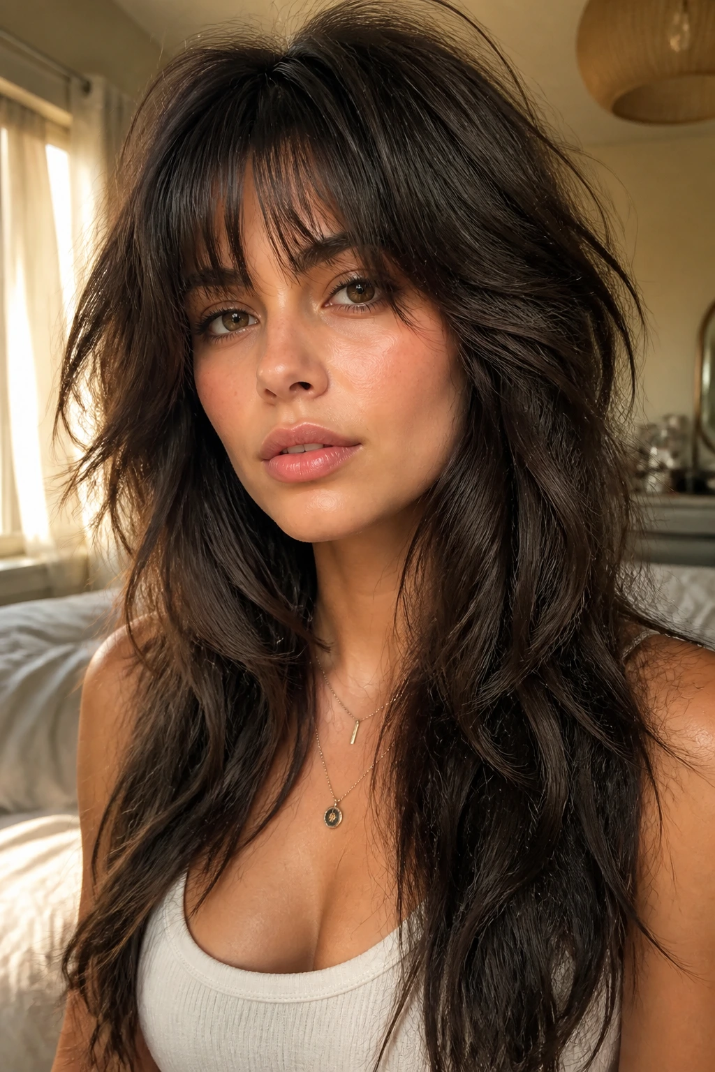 Close-up portrait of a real woman with Shaggy Wolf Cut and piecey fringe.