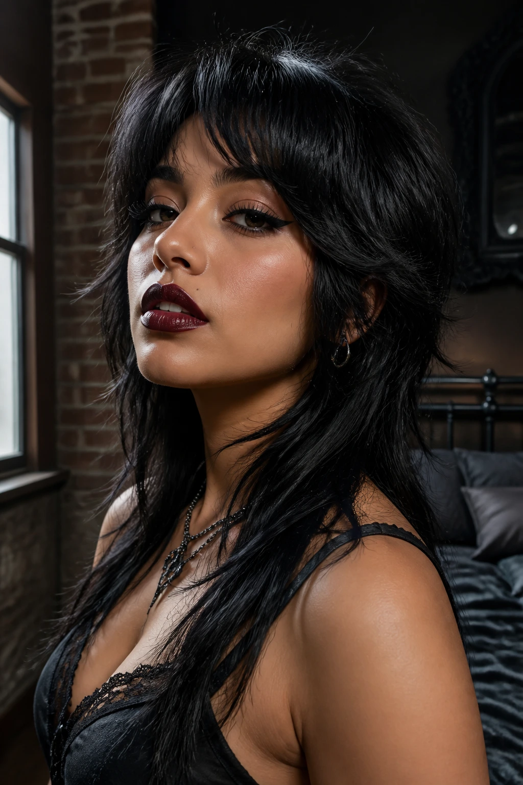 Close-up of a real person with a high contrast wolf cut featuring glossy roots and razor cut ends