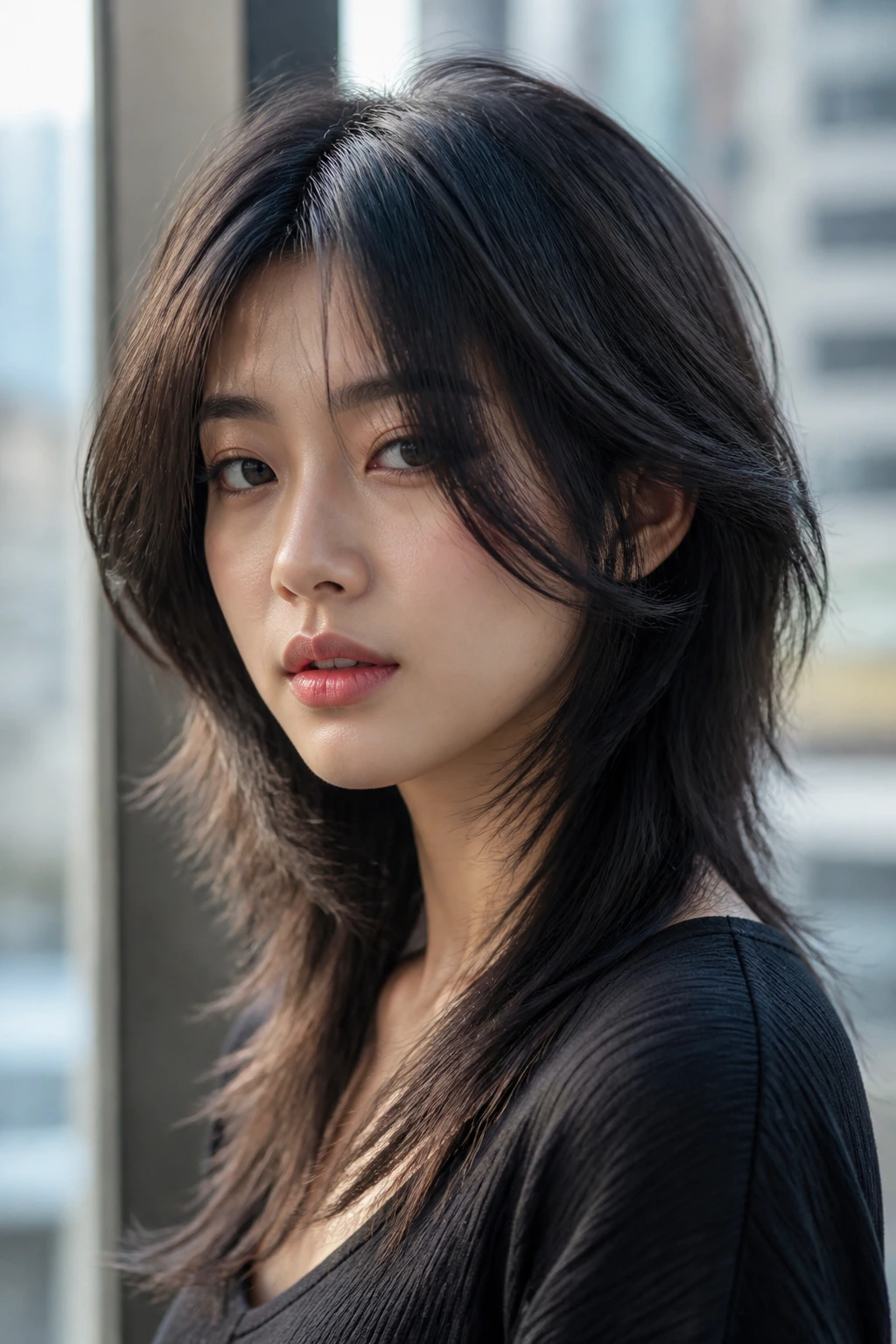 Close-up of a woman with a modern wolf cut featuring heavy face-framing
