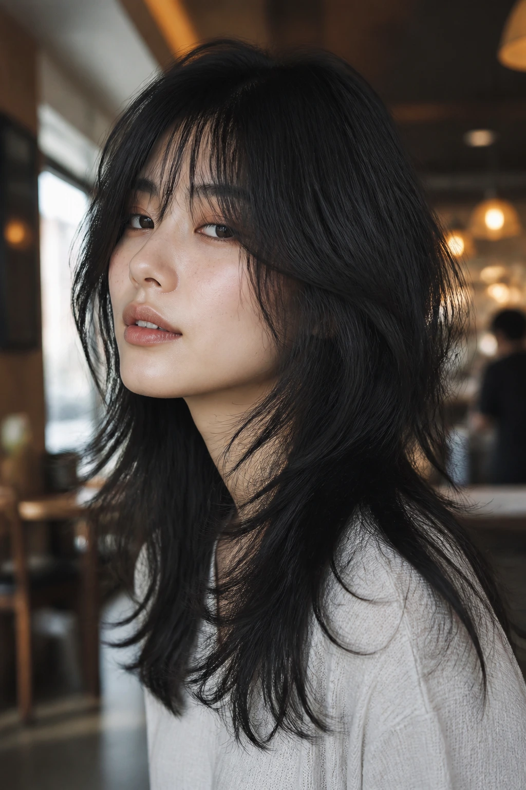 Close-up portrait of a real woman with a soft wolf cut on jet-black hair