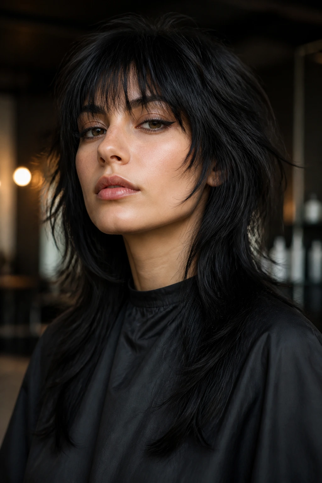 Real woman with heavily layered choppy bangs and wolf cut silhouette