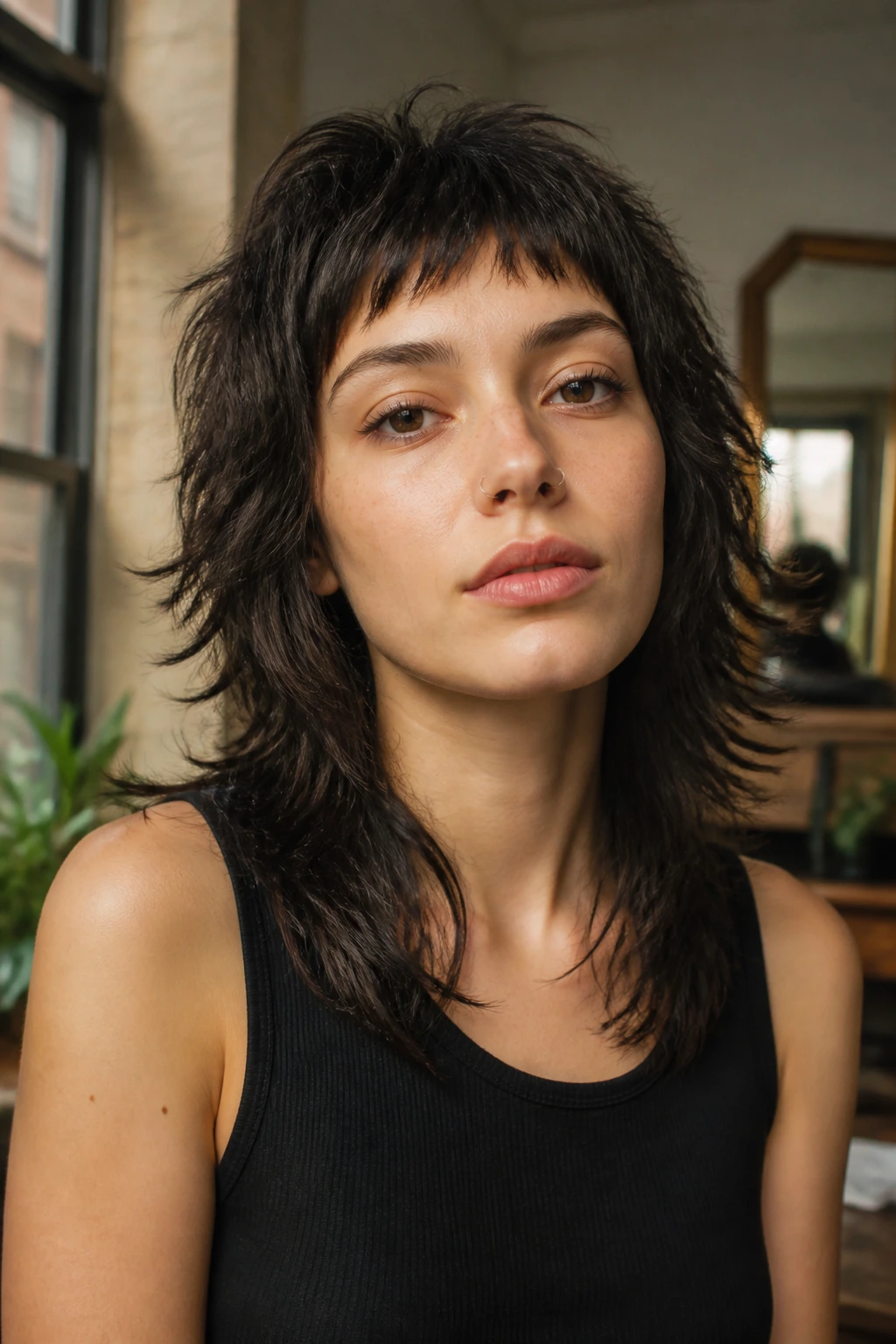 Portrait of a person with a textured wolf cut and micro bangs