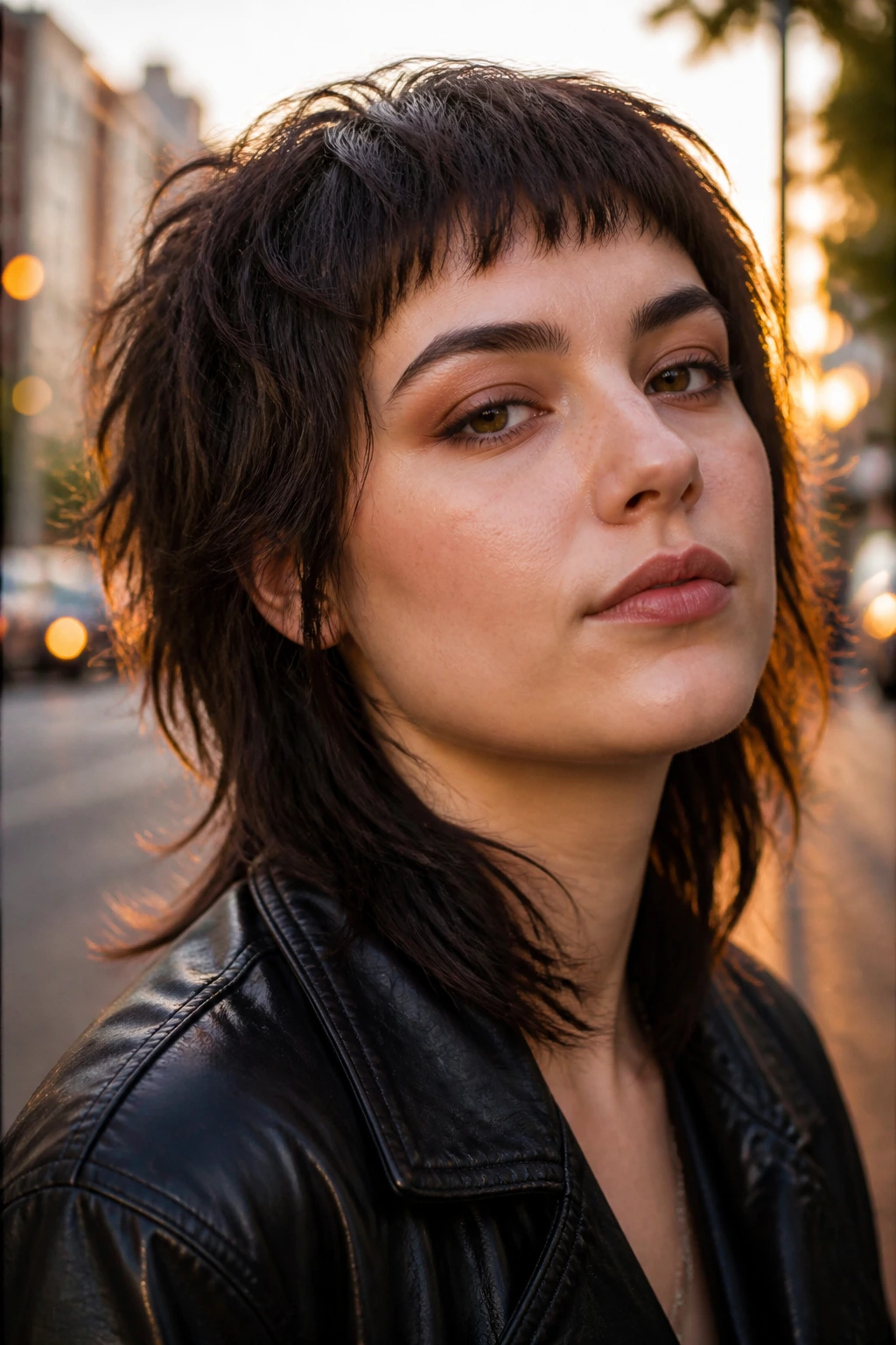 Close-up portrait of a real woman with a wolf cut and micro-bangs.