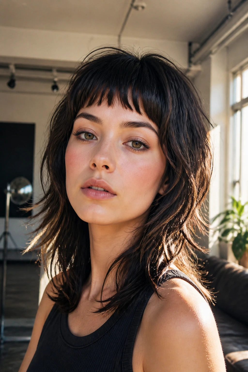 Portrait of a person with layered wolf cut and mini bangs in natural light