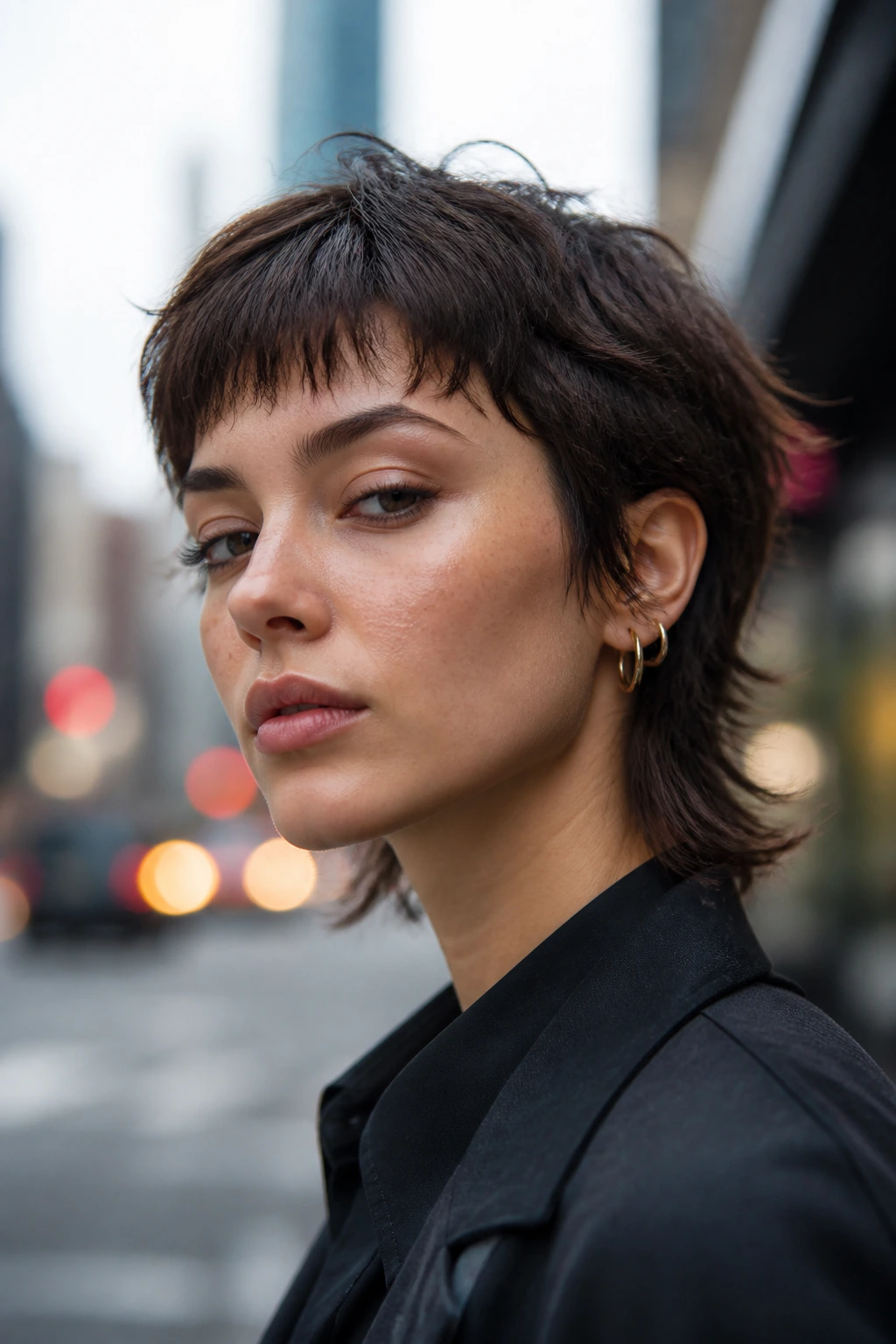 Portrait of a person with a short wolf-cut mini bob in an urban setting