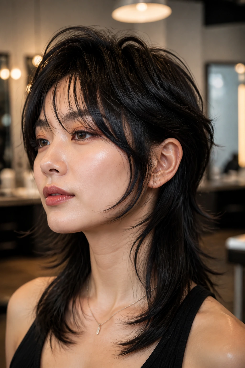 Close-up of a real person with a wolf cut and face-framing okurege