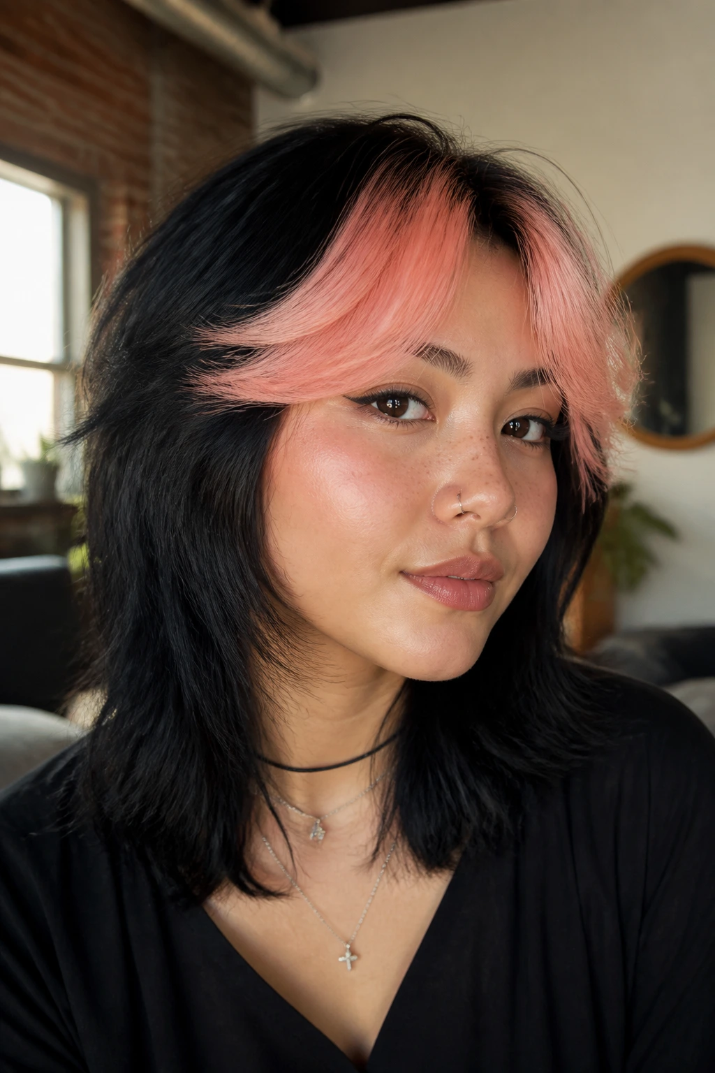 Real person with soft wolf cut and split pastel peach bangs