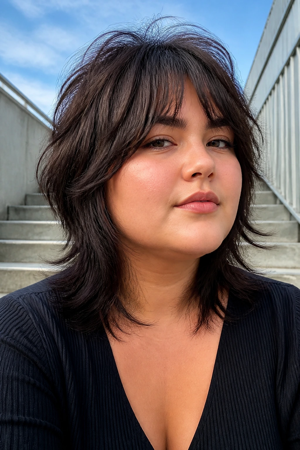 Real woman with wolf cut and wispy ends in outdoor daylight.