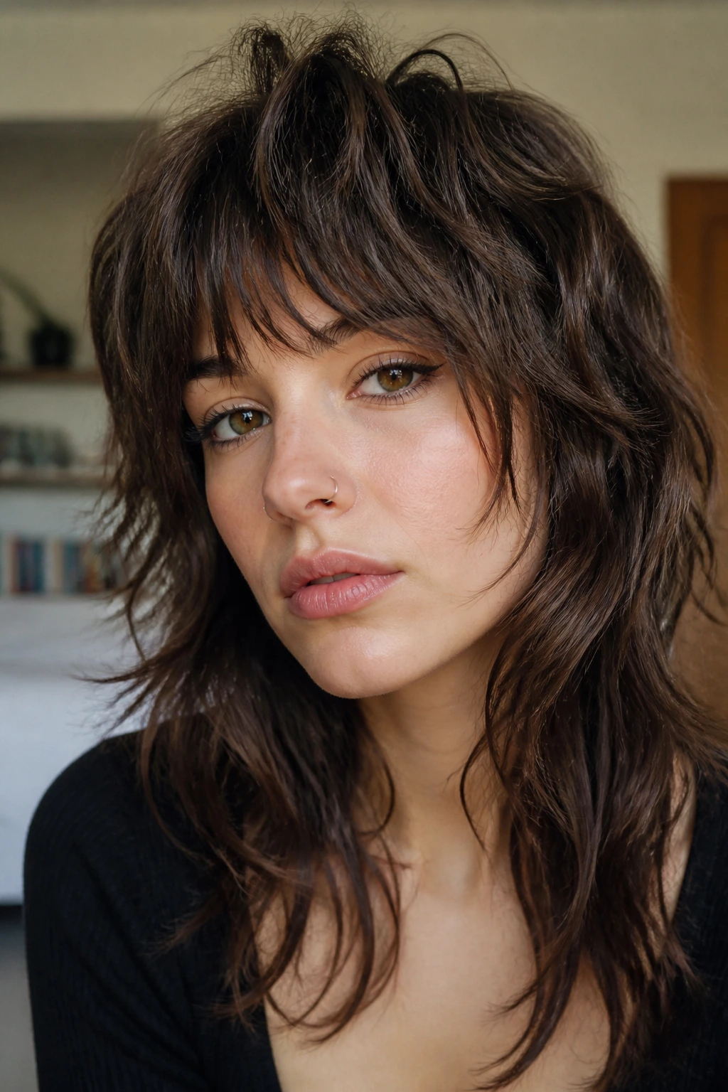 Close-up of a person with shaggy wolf-cut bangs.