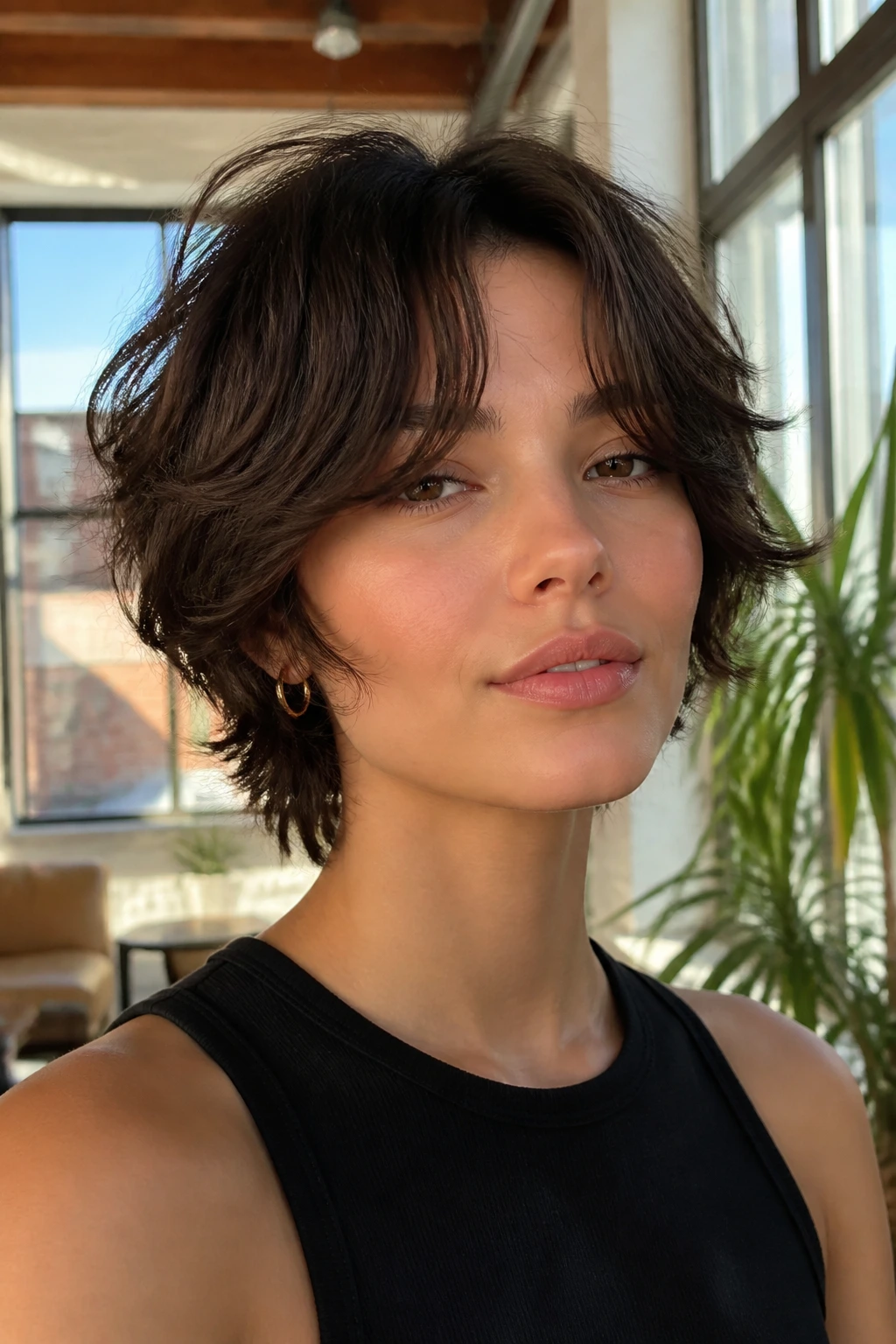 Close-up of a real person with choppy wolf cut and split center bangs