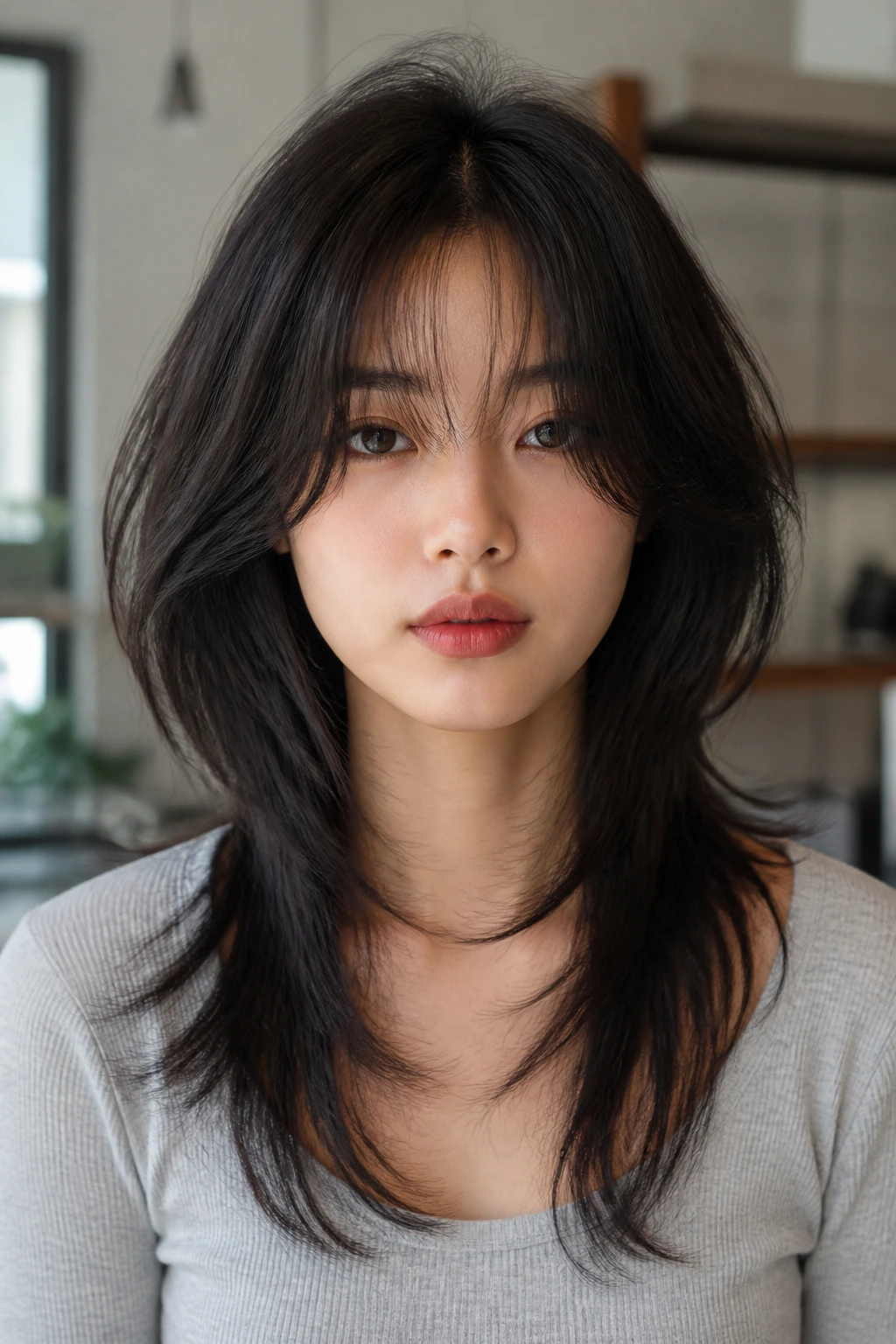 Wolf cut with tapered ends on a real woman