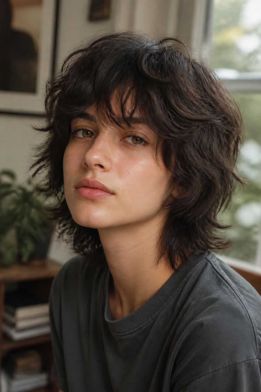 Close-up portrait of a teen with a natural texture wolf cut and voluminous layers.